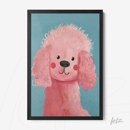 quadro com arte infantil de um poodle rosa em fundo azul, moldura preta