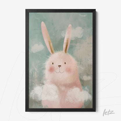 quadro com ilustração de coelho rosa com orelhas longas em fundo azul suave