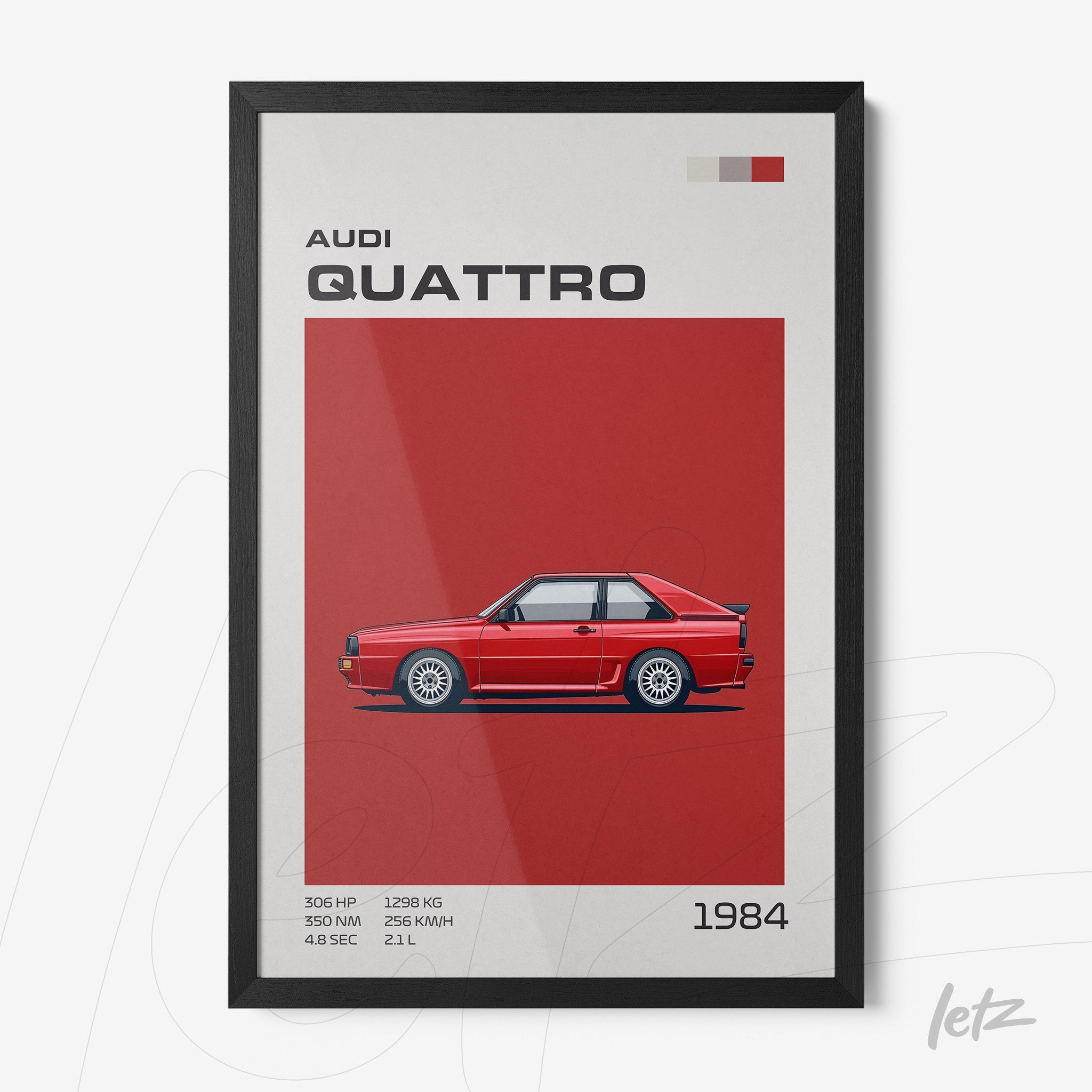 quadro com arte minimalista do carro Audi Quattro em moldura preta com fundo vermelho