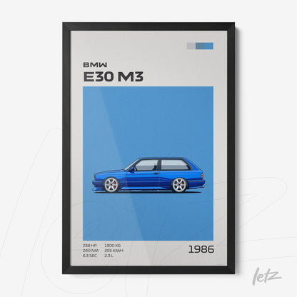 quadro com ilustração em estilo minimalista de um BMW E30 M3 em fundo azul, moldura preta