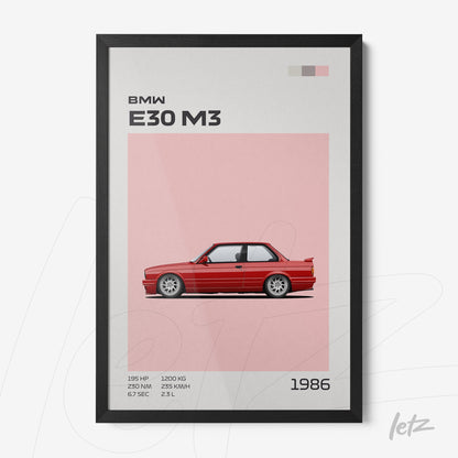 quadro com arte minimalista do carro esportivo BMW E30 M3, moldura preta e fundo rosa