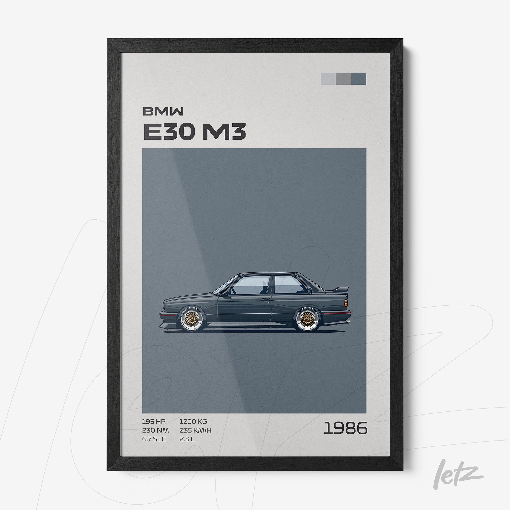 quadro com arte digital do carro BMW E30 M3 em moldura preta, ano 1986, com informações técnicas e fundo cinza