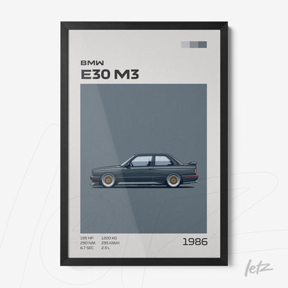quadro com arte digital do carro BMW E30 M3 em moldura preta, ano 1986, com informações técnicas e fundo cinza