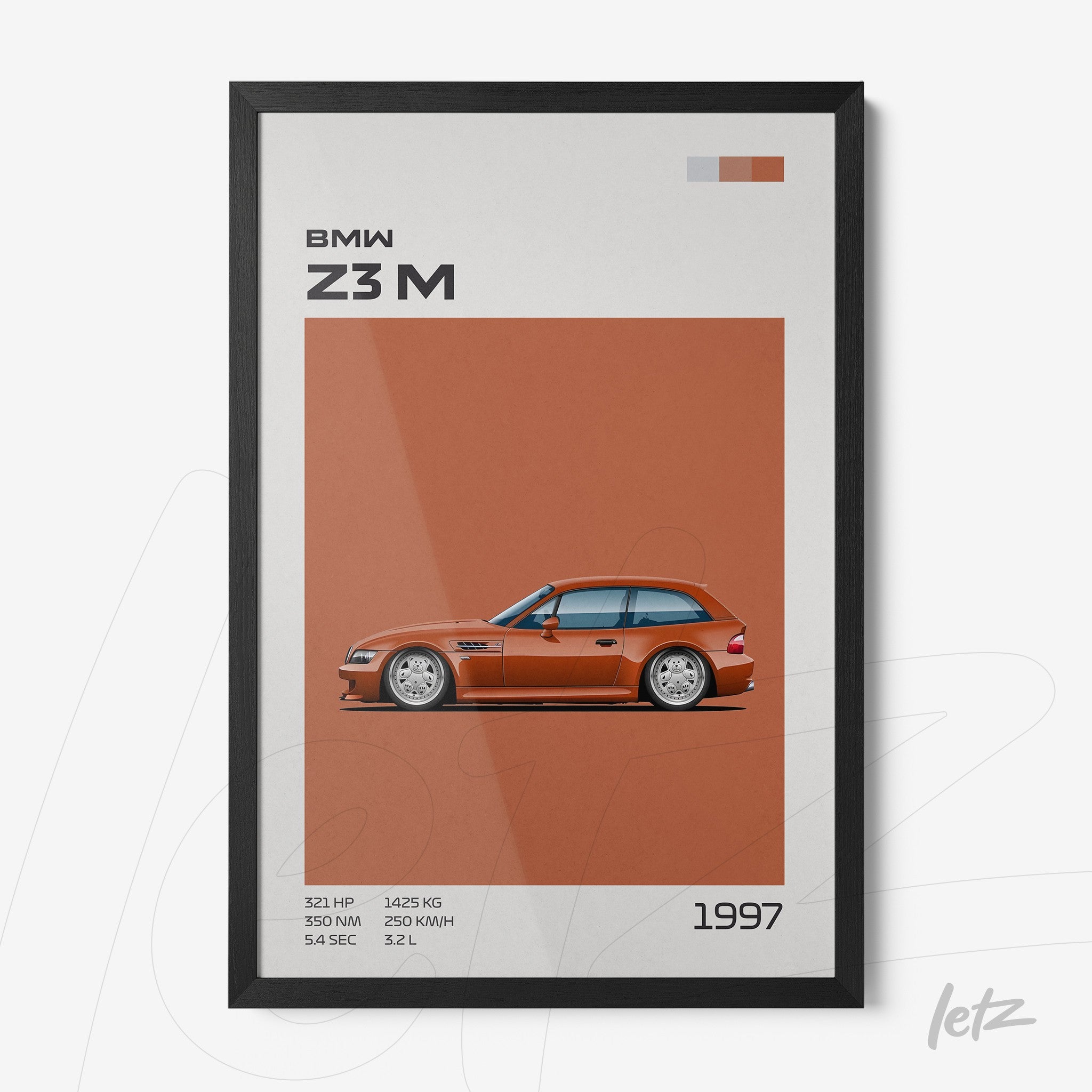 quadro em moldura preta com ilustração de carro BMW Z3 M em fundo laranja