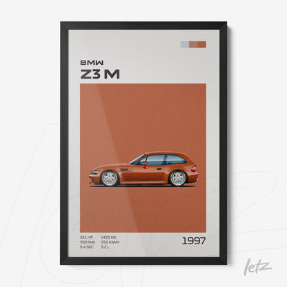 quadro em moldura preta com ilustração de carro BMW Z3 M em fundo laranja
