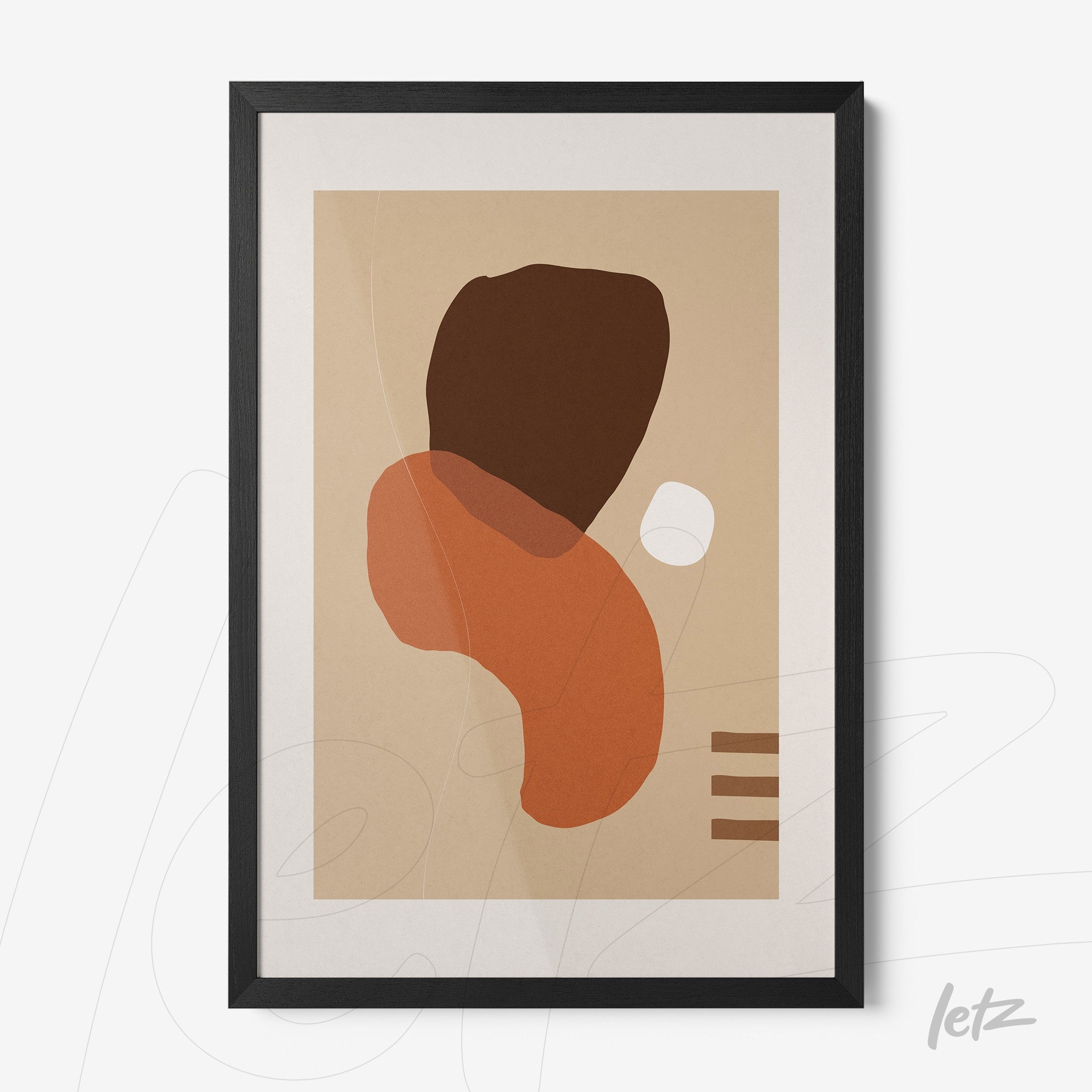 pôster com arte abstrata em tons terrosos com moldura preta