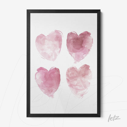 quadro com quatro corações em aquarela rosa sobre fundo branco com moldura preta