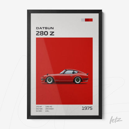 quadro com ilustração gráfica do carro Datsun 280 Z, exibido em moldura preta com fundo vermelho vibrante