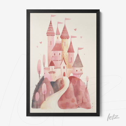 quadro com ilustração de castelo rosa com torres e bandeirinhas, moldurado em preto