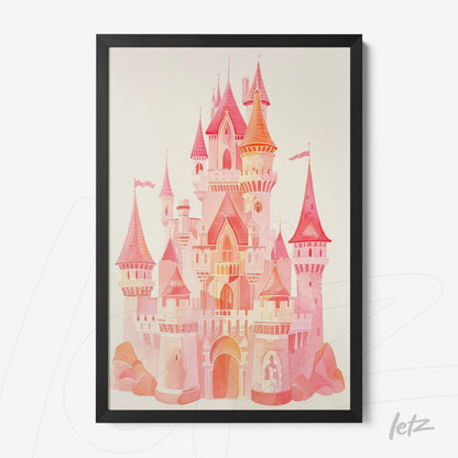 quadro em moldura preta com ilustração de castelo em tons de rosa e laranja
