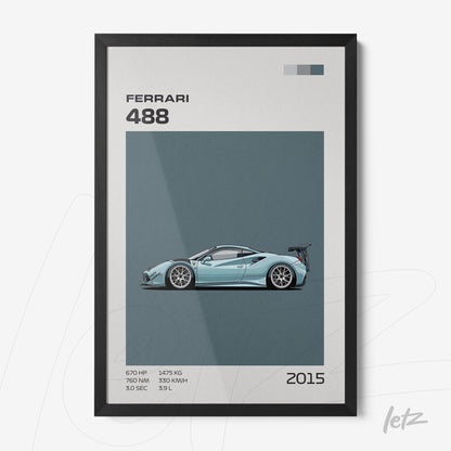 quadro com arte minimalista da Ferrari 488 em moldura preta com fundo azul