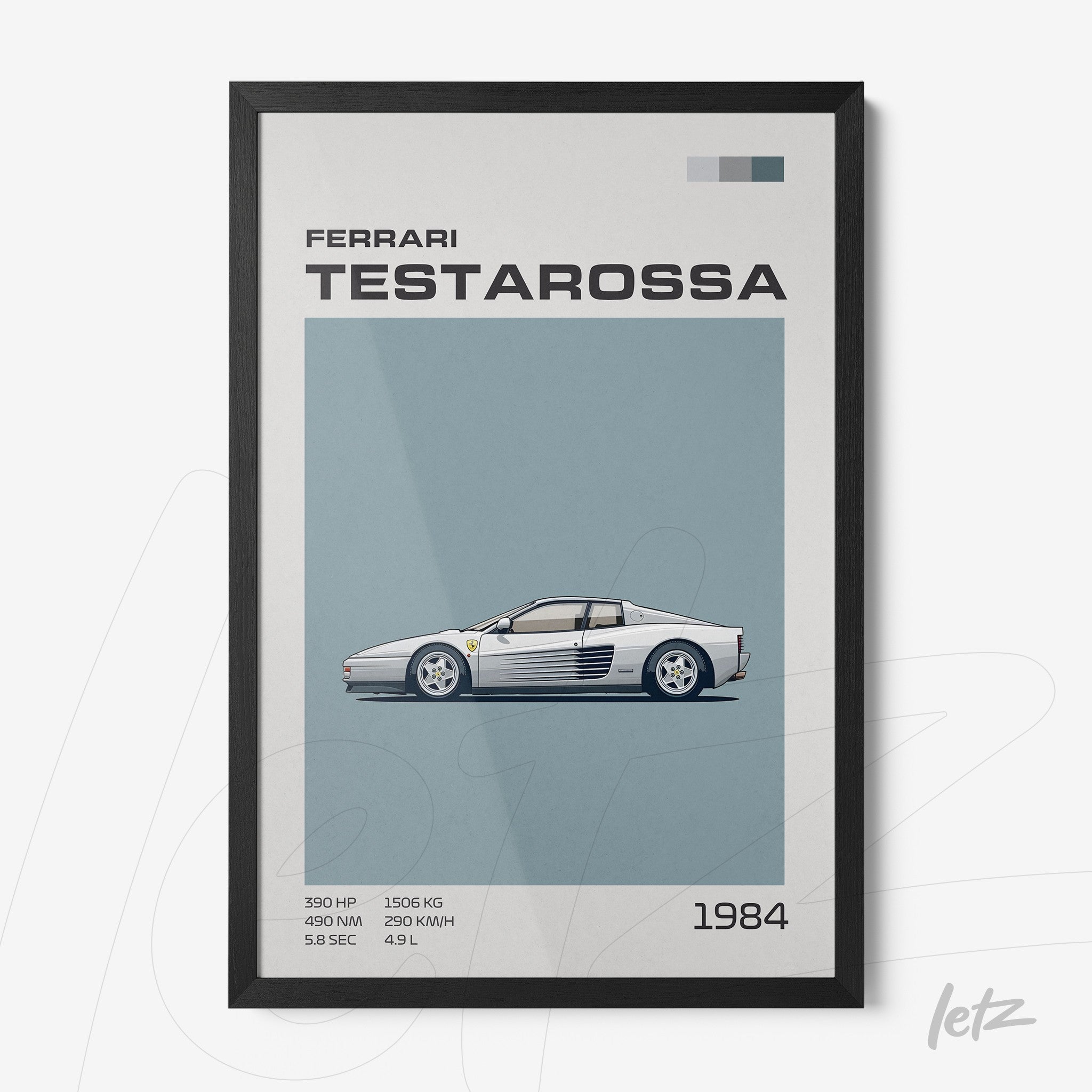 quadro com ilustração minimalista da Ferrari Testarossa em moldura preta