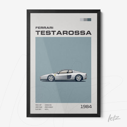 quadro com ilustração minimalista da Ferrari Testarossa em moldura preta