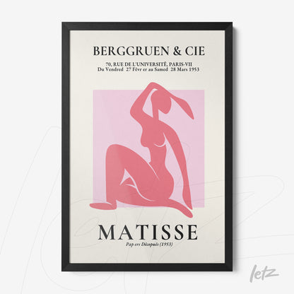 quadro com arte estilizada em tons de rosa e bege, representando uma figura feminina, com moldura preta