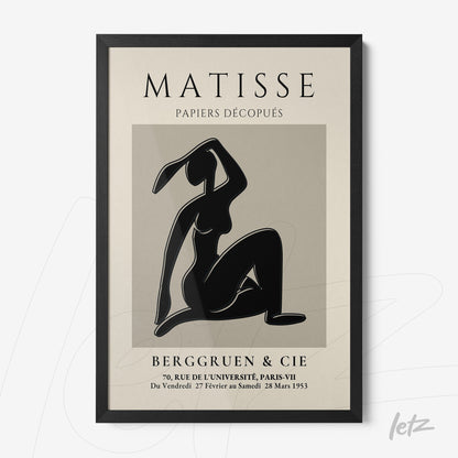 quadro com arte de Matisse em moldura preta, apresentando figura humana em estilo recortado sobre fundo creme