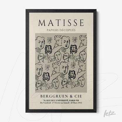 quadro emoldurado com arte de estilo moderno em preto e branco, contendo rostos estilizados e elementos florais sobre fundo bege