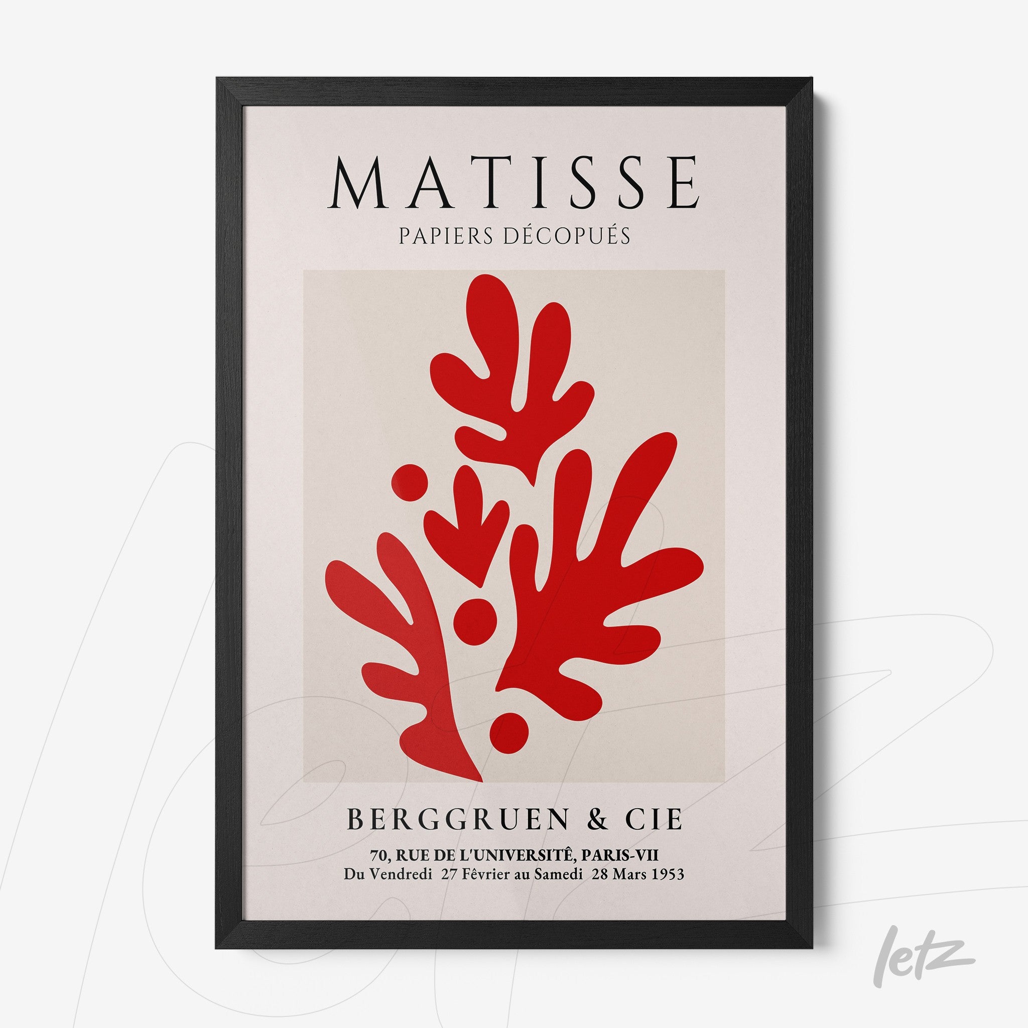 quadro com arte em recorte de papel no estilo de Henri Matisse, exibindo formas abstratas vermelhas sobre fundo claro, em moldura preta