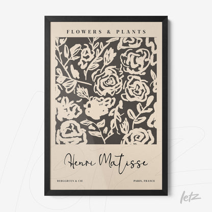 quadro com arte em estilo vintage de flores em fundo claro em moldura preta