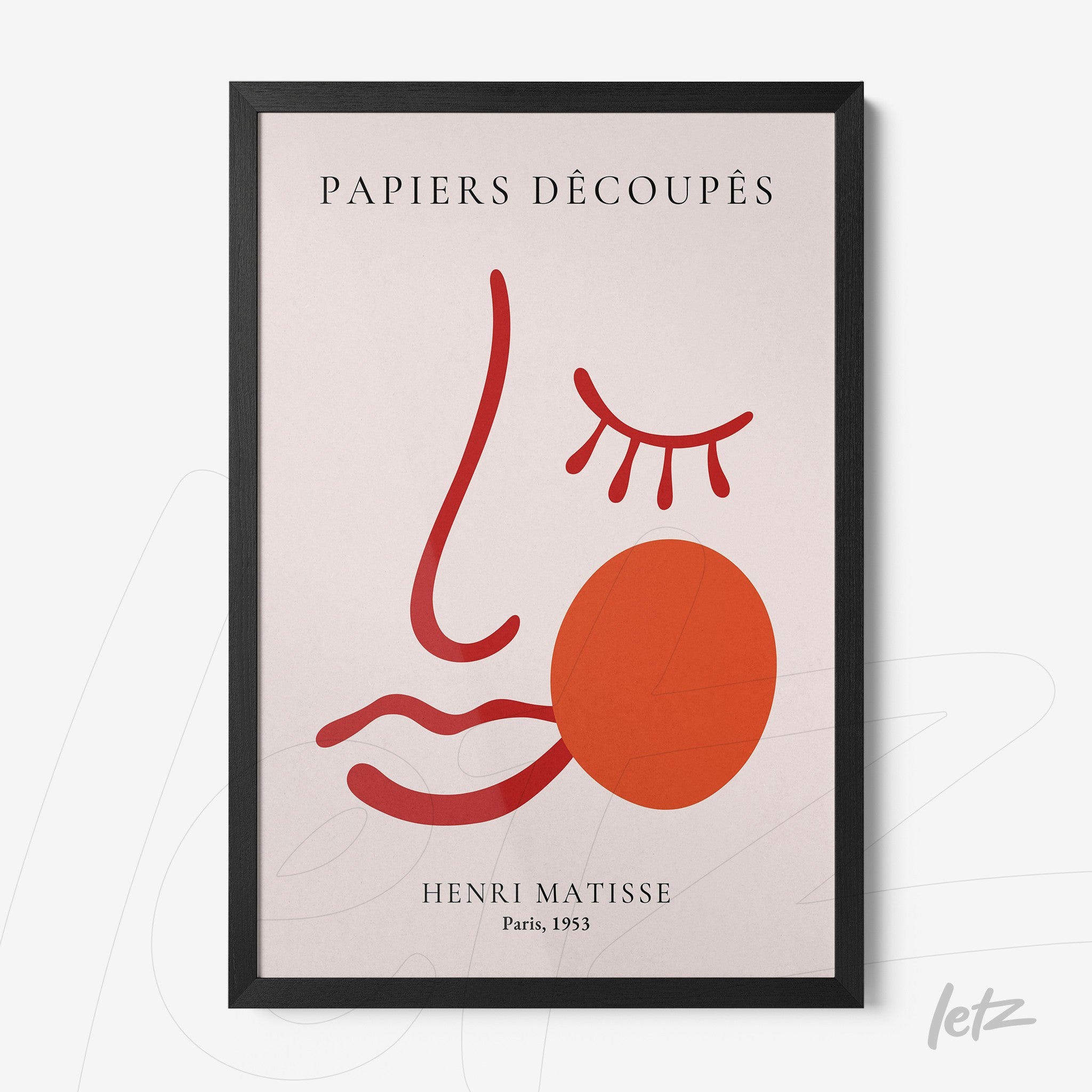 quadro com arte minimalista de rosto em cores vermelha e rosa com moldura preta