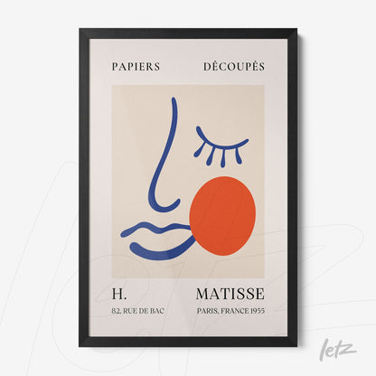 quadro de arte moderna com formas geométricas nas cores azul e vermelho, moldura preta, fundo claro e tipografia estilizada