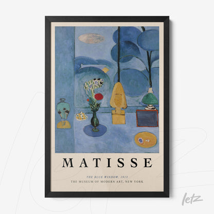 quadro decorativo com arte de Henri Matisse intitulado 'The Blue Window' em moldura preta