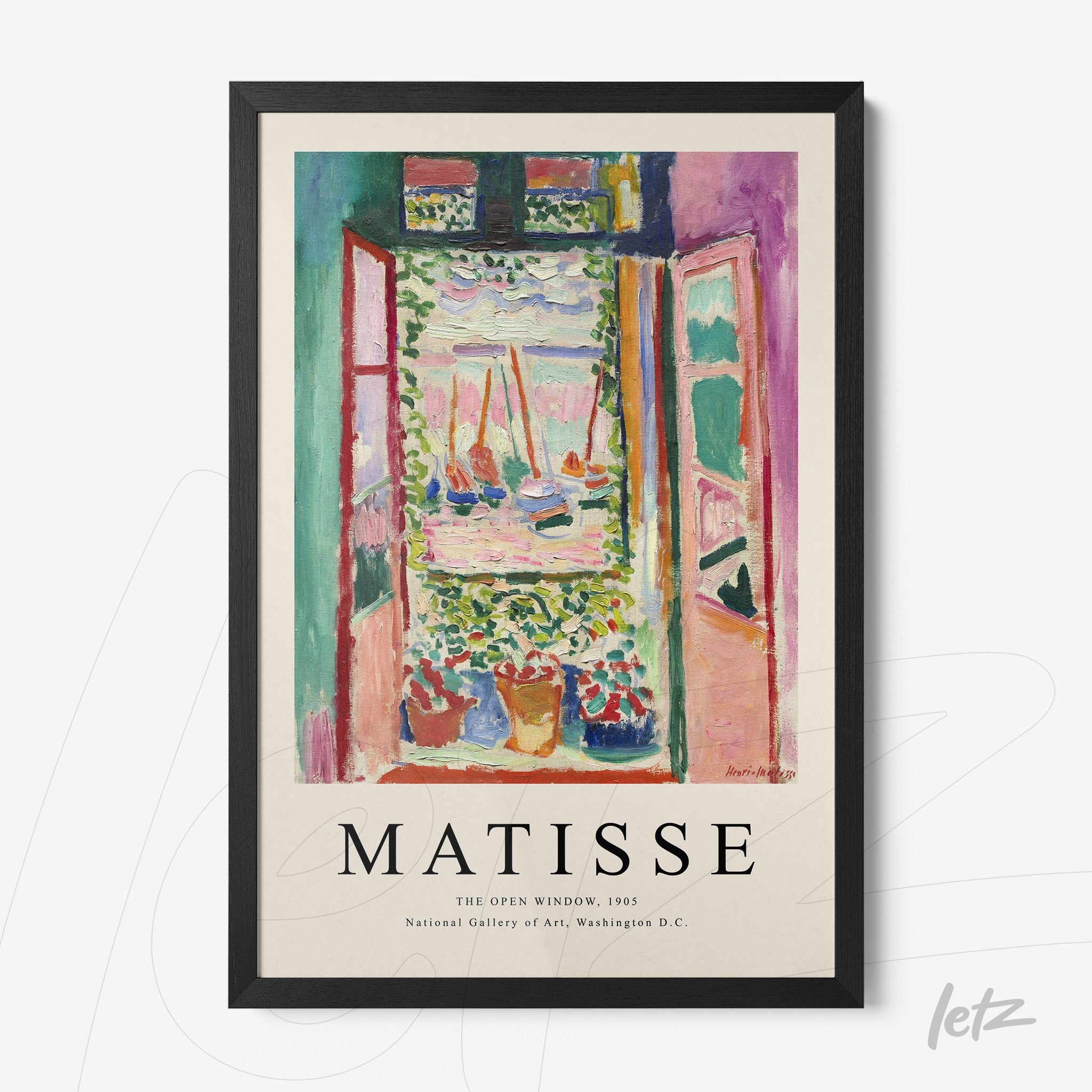 quadro com arte inspirada em Matisse, retratando uma janela aberta com vista para um jardim florido em moldura preta