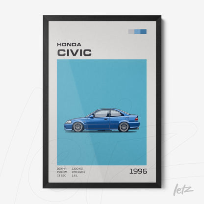 quadro com ilustração estilizada do carro Honda Civic de 1996 em moldura preta