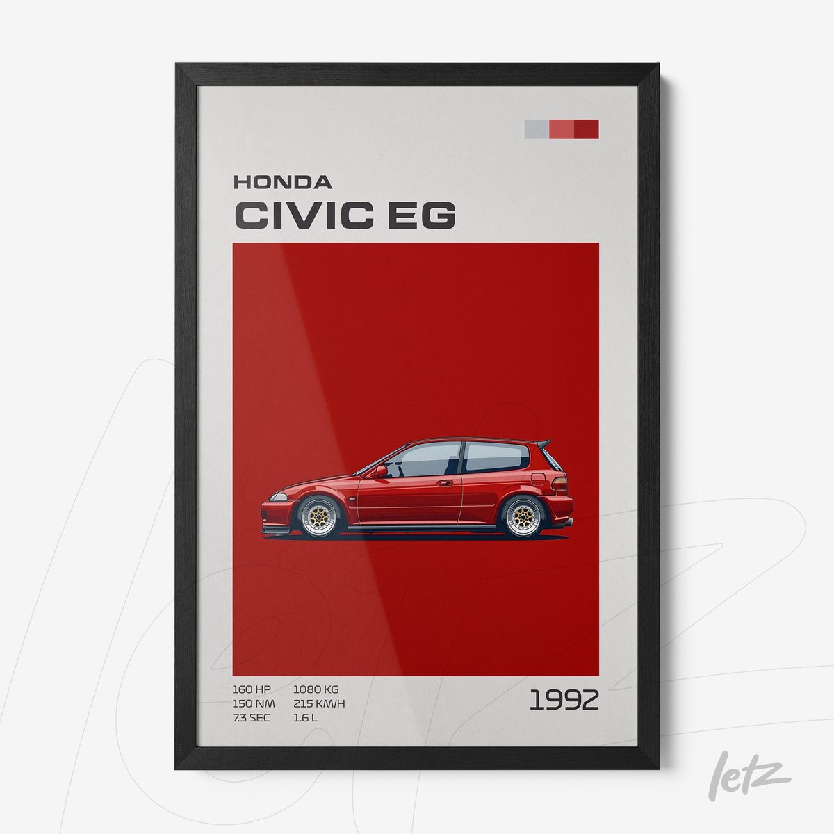 quadro com arte digital de um carro Honda Civic EG vermelho sobre fundo vermelho, com moldura preta