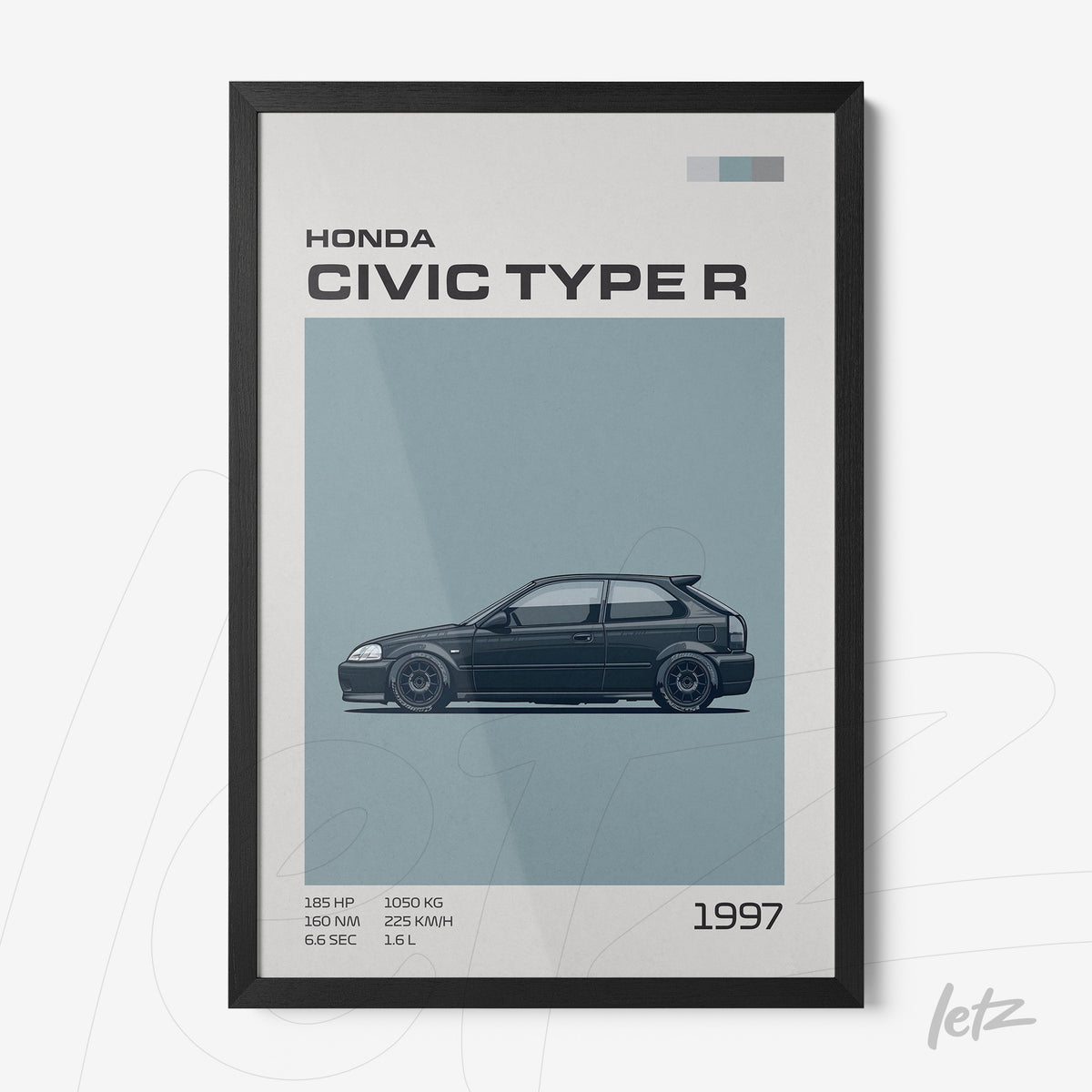 quadro com arte gráfica do carro Honda Civic Type R de 1997 em moldura preta