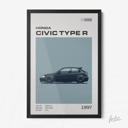 quadro com arte gráfica do carro Honda Civic Type R de 1997 em moldura preta