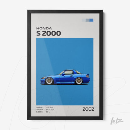 quadro com ilustração de carro Honda S2000 em fundo azul, moldura preta