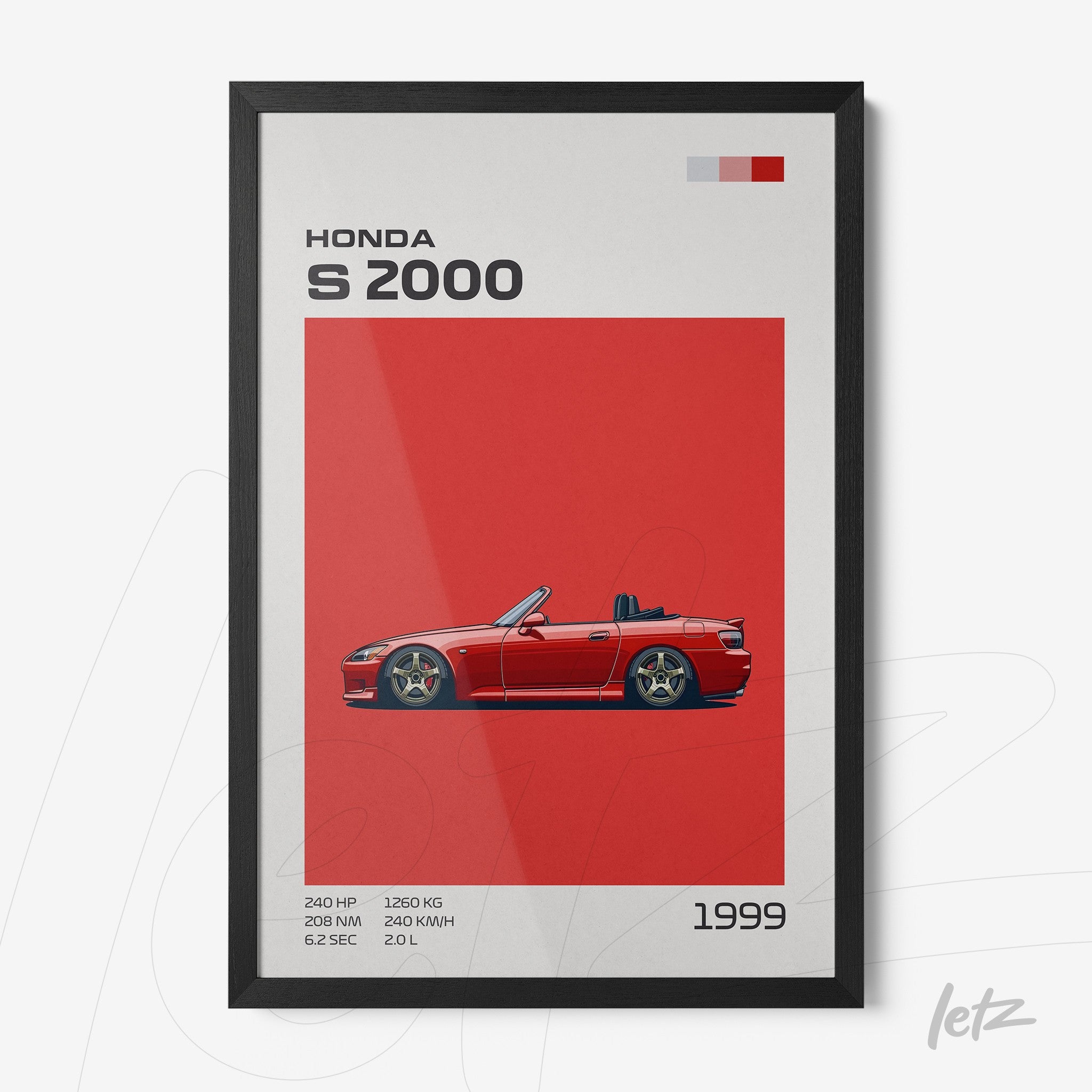 quadro com ilustração do carro Honda S2000 em fundo vermelho com moldura preta