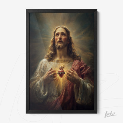 quadro com retrato de Jesus Cristo em estilo clássico com moldura preta, destacando o coração radiante
