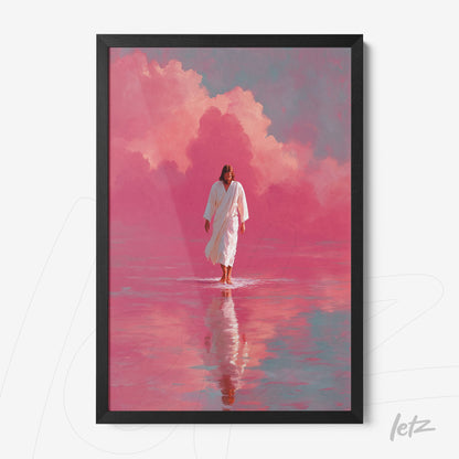 quadro com arte espiritual de figura vestida de branco caminhando sobre água em fundo rosa vibrante com nuvens