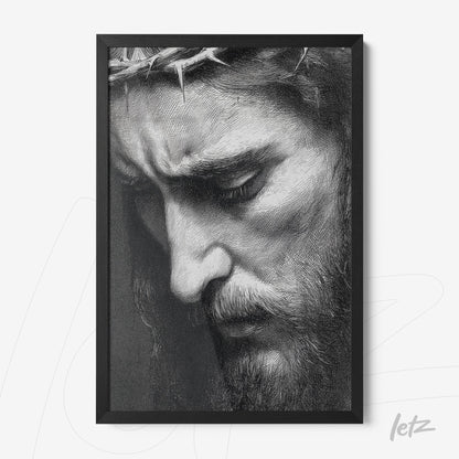 quadro com retrato em preto e branco de Jesus com coroa de espinhos em moldura preta