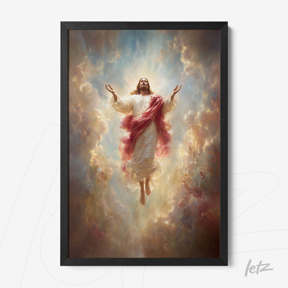 quadro com arte sacra de Jesus Cristo ascendendo entre nuvens em moldura preta