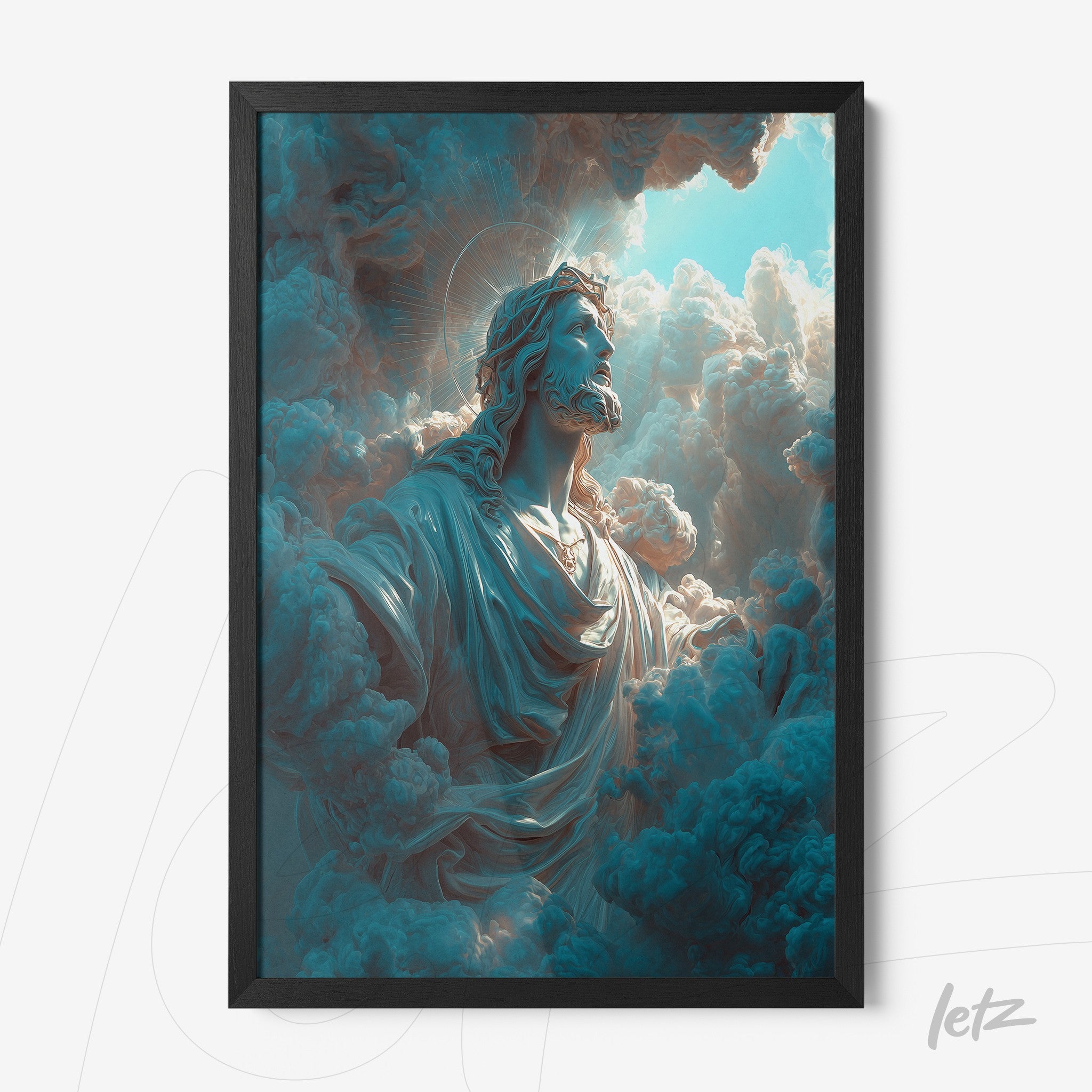 quadro com arte digital de Jesus em nuvens dramáticas, moldura preta