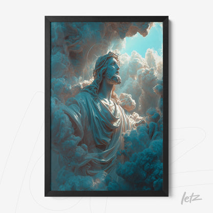quadro com arte digital de Jesus em nuvens dramáticas, moldura preta