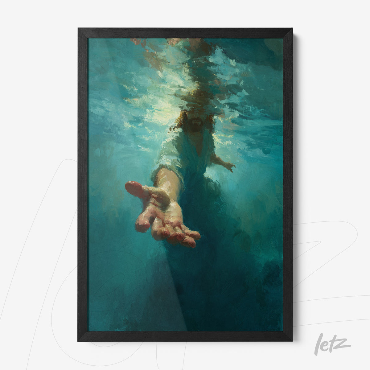 quadro com arte impressionista de uma mão emergindo de água em moldura preta