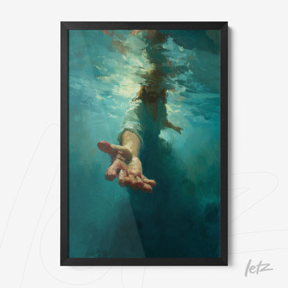 quadro com arte impressionista de uma mão emergindo de água em moldura preta