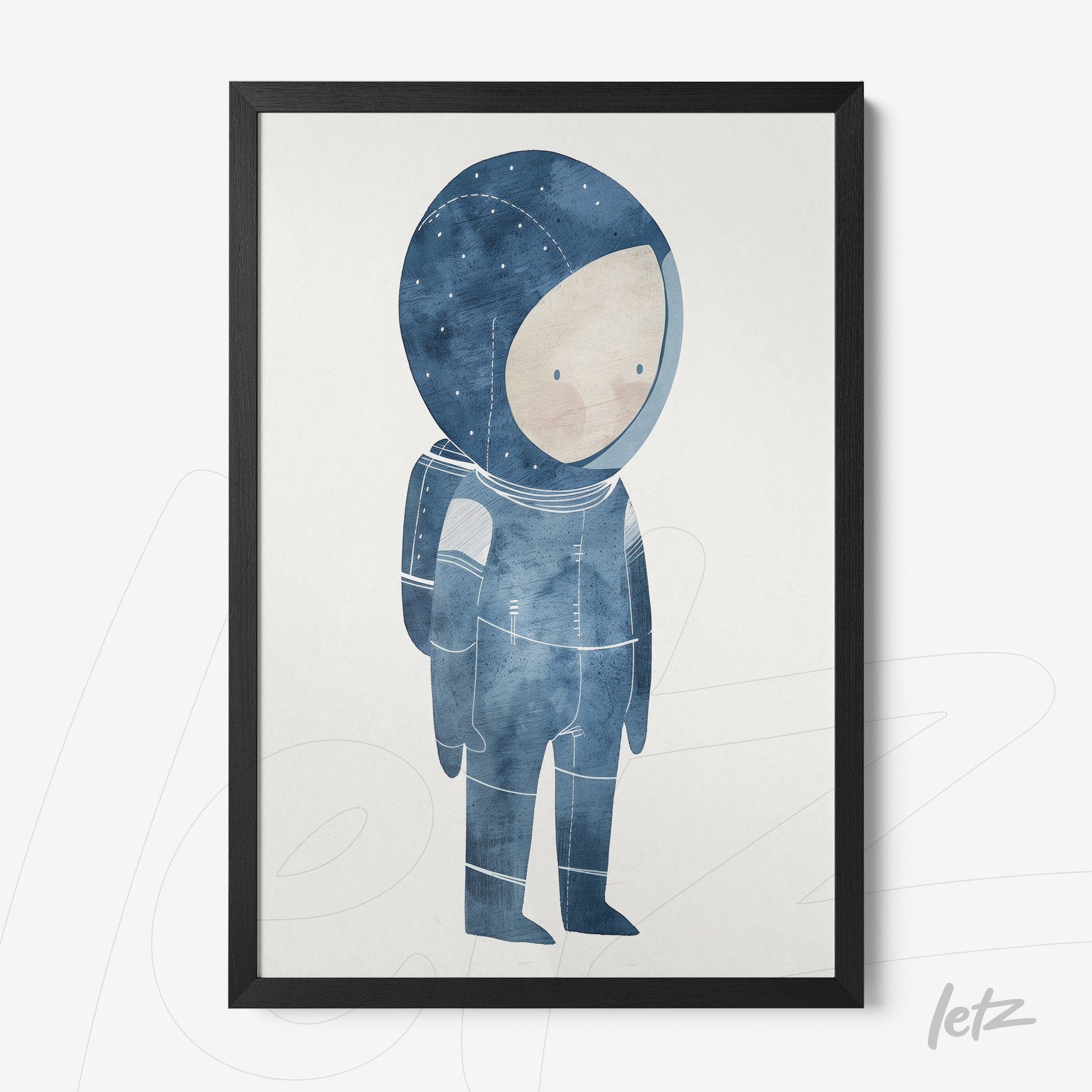 quadro com ilustração de astronauta em tons de azul, com moldura preta