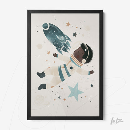 quadro com ilustração de astronauta negro flutuando no espaço, com foguete e estrelas coloridas no fundo, moldura preta