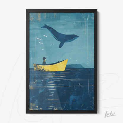 quadro com ilustração de uma baleia saltando sobre um barco amarelo em um fundo azul