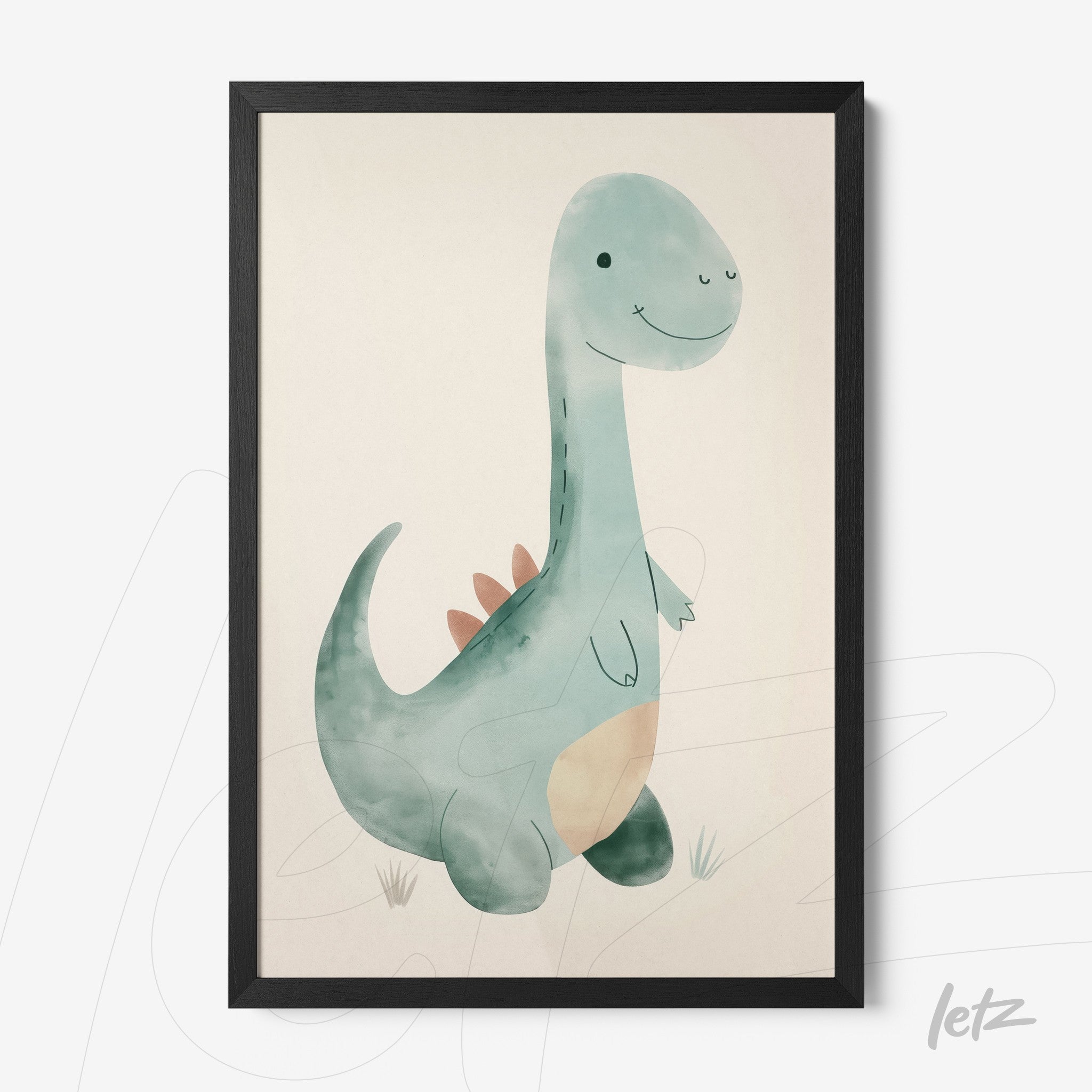 quadro com ilustração de dinossauro fofinho em moldura preta