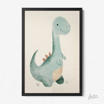 quadro com ilustração de dinossauro fofinho em moldura preta