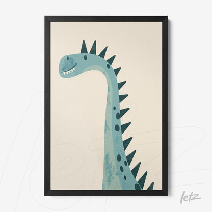 quadro com ilustração de dinossauro de pescoço longo em fundo claro, moldura preta