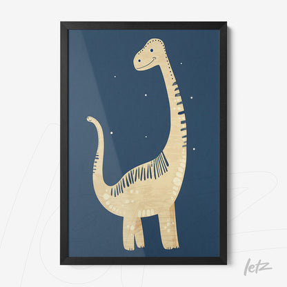 quadro com arte infantil de dinossauro amigável em fundo azul com moldura preta