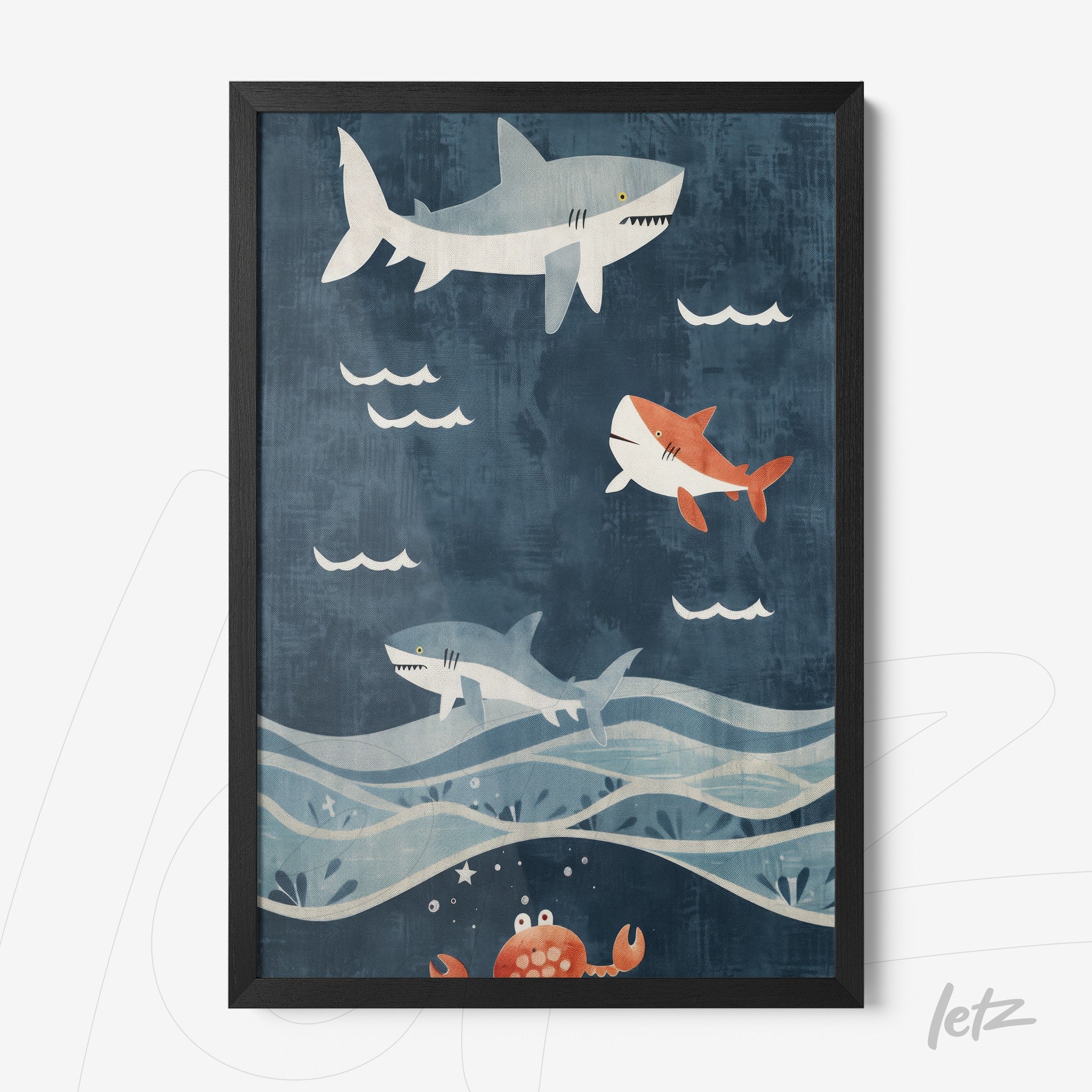 quadro com arte lúdica de tubarões nadando em fundo azul, moldura preta