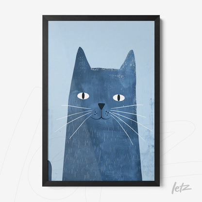 quadro com ilustração de gato azul sobre fundo claro em moldura preta