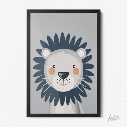 quadro com ilustração infantil de leão em moldura preta